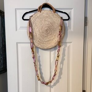 en shalla Anthropologie Woven Crossbody Reed Circle Bag Pink Gold Leather Strap
